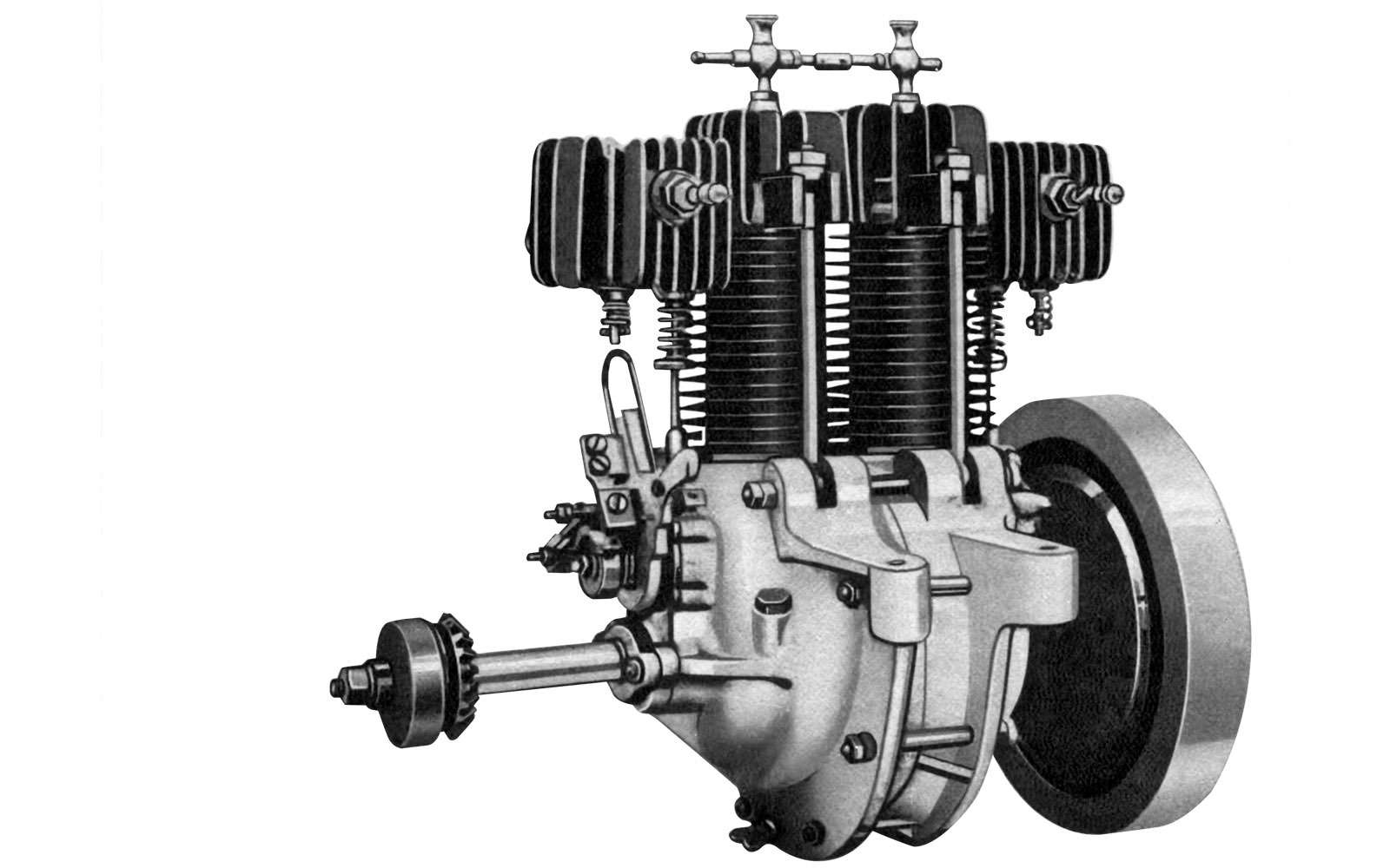 Типичный двигатель недорогого автомобиля начала ХХ века – двухцилиндровый Decauville (Дековиль) с воздушным охлаждением. Воздушники проще и дешевле моторов с жидкостным охлаждением, поэтому успешно развивались параллельно с ними.