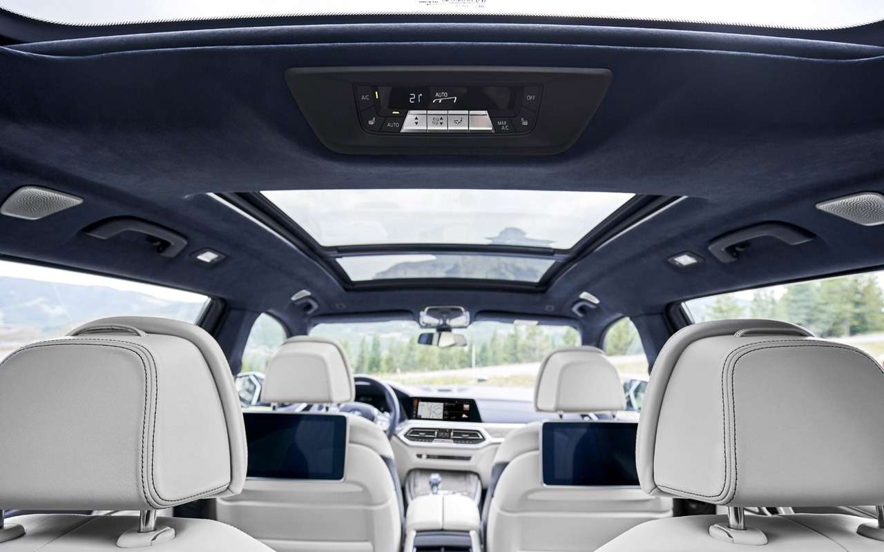 Собственная панель управления климатом есть и у пассажиров третьего ряда сидений BMW X7. Судя по ней, их кресла также оснащены обогревом, как и все другие в салоне.