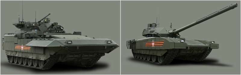 Боевые машины на универсальной гусеничной платформе Армата. Танк Т-14 и тяжелая БМП Т-15 с передним расположением моторно-трансмиссионного отделения.